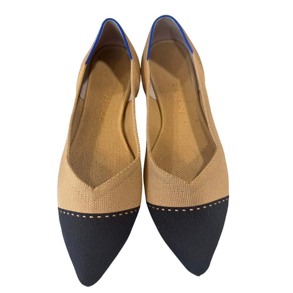 Rothy's The Point II knit flats in a camel and black cap-toe colorway Size 11